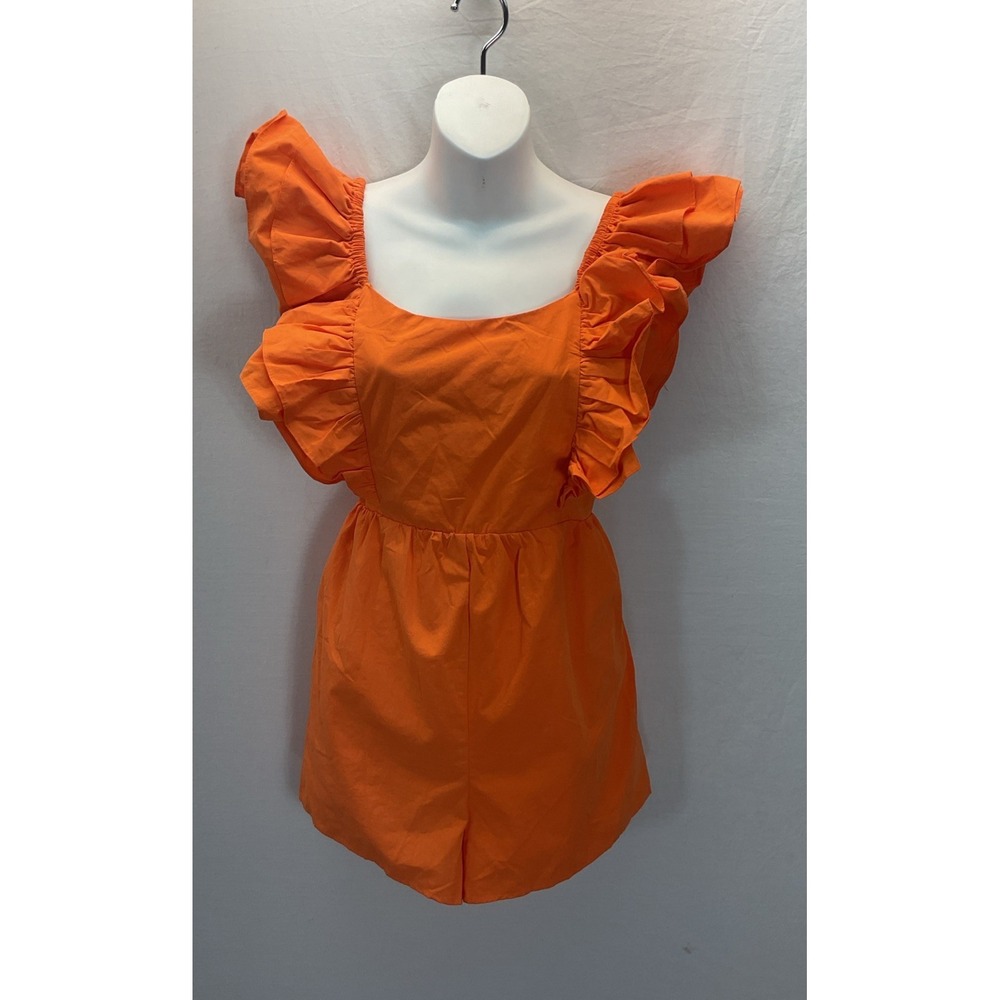 Day+Moon Womens Romper Ruffle Detail Tie Back Poplin Off Shoulder Sz S‎ Spring